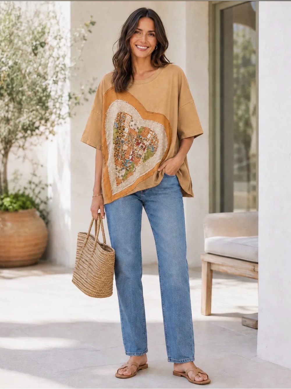 Easel Oversized Tan Patchwork Heart Short Sleeve Tee